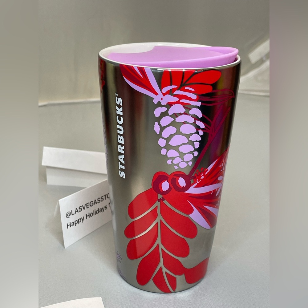 Starbucks 2021 Holiday Pinecone Ceramic Tumbler Silver Lilac Red 12 oz Winter